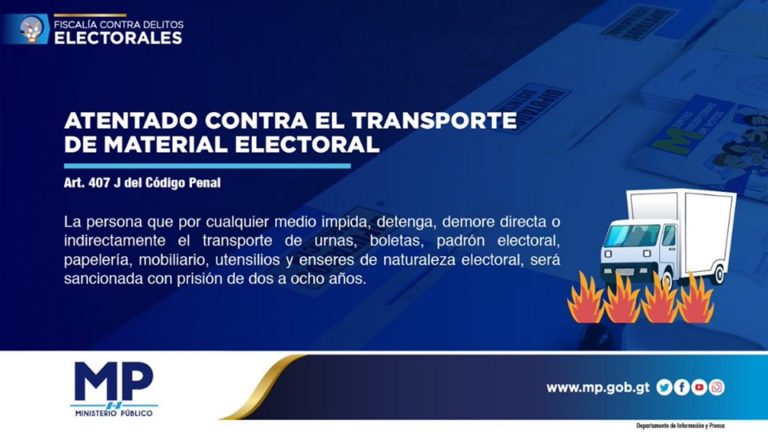 La persona que por cualquier medio impida, detenga, demore directa o indirectamente el transporte de urnas, boletas, padrón electoral, papelería, mobilidario, utensilios y enseres de naturaleza electoral, será sancionanda con prisión de dos a ocho años.