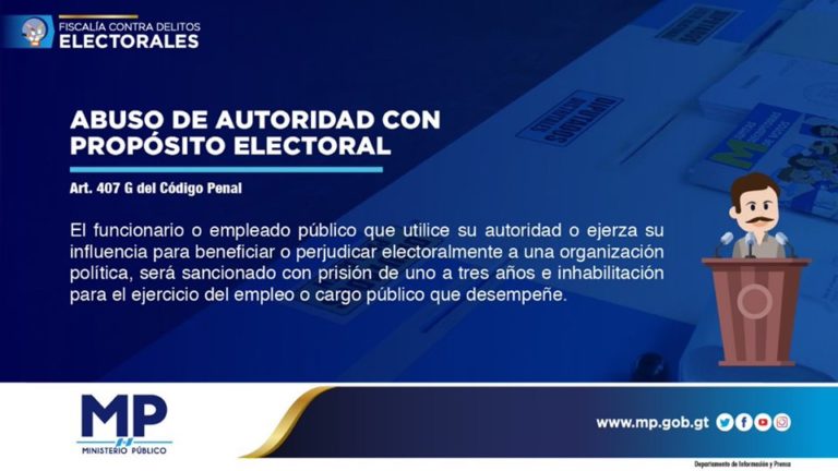 El funcionario o empleado público que utilice su autoridad o ejerza su influencia para beneficiar o perjudicar electoralmente a una organización política, será sancionado con prisión de uno a tres años e inhabilitación para el ejercicio del empleo o cargo público que desempeñe.