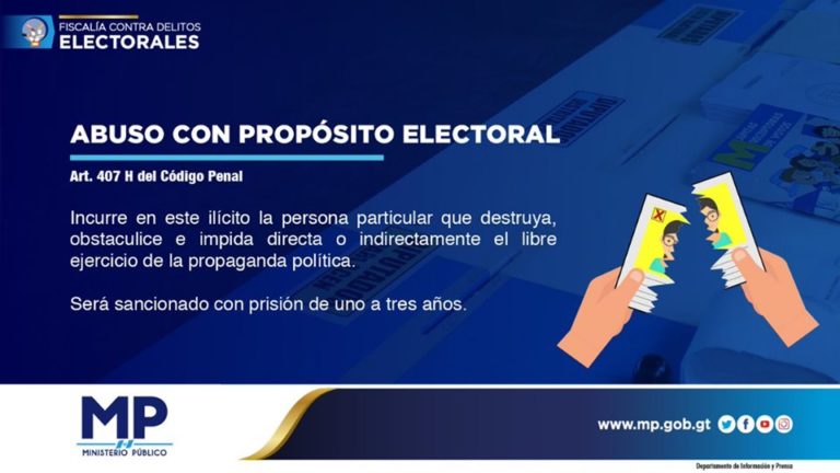 Incurre en este ilícito la persona particular que destruya, obstaculice e impida directa o indirectamente el libre ejercicio de la propaganda política.  Será sancionado con prisión de uno a tres años.