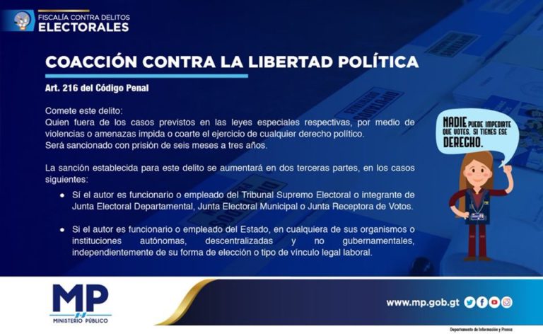 Quien fuera de los casos previstos en las leyes especiales respectivas, por medio de violencias o amenazas impida o coarte el ejercicio de cualquier derecho político. Será sancionado con prisión de seis meses a tres años.